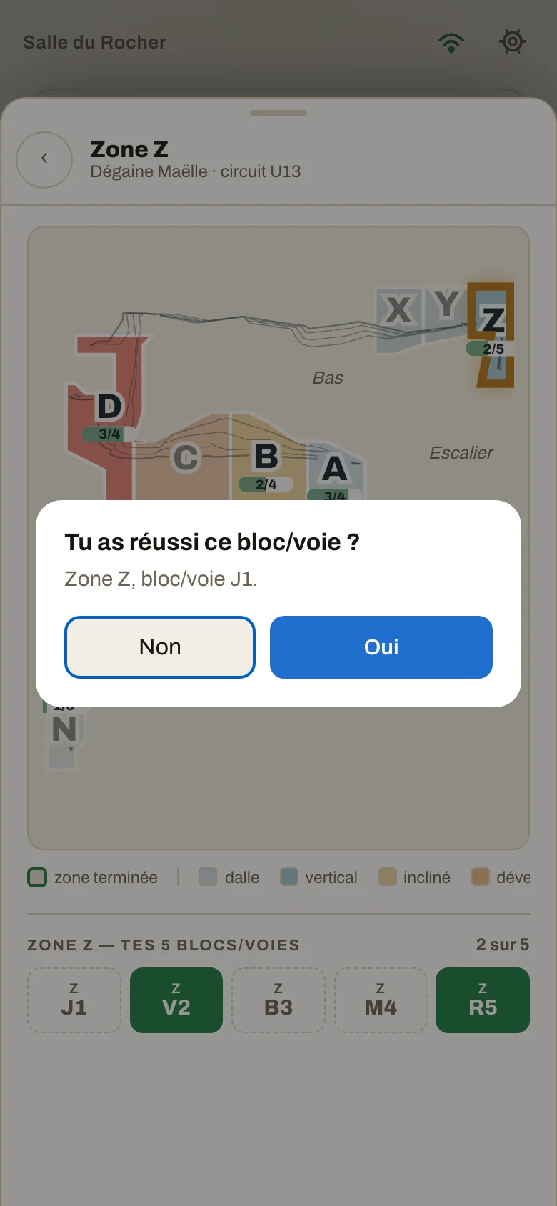 La fenêtre « Tu as réussi ce bloc/voie ? » par-dessus le plan de la zone Z