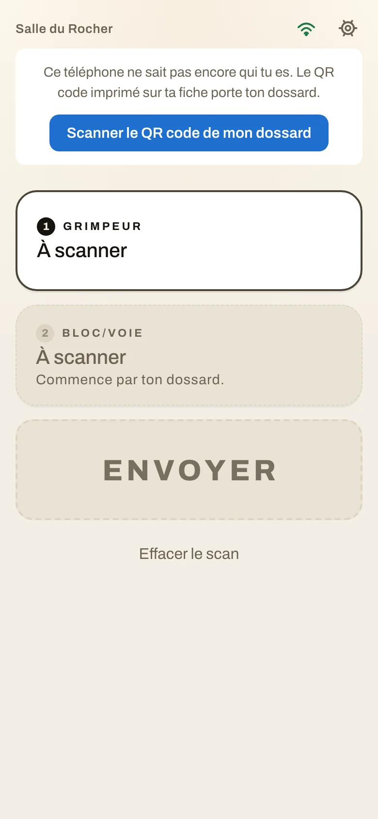 Le premier lancement : « Ce téléphone ne sait pas encore qui tu es », le bouton qui ouvre la caméra, et la carte du bloc éteinte