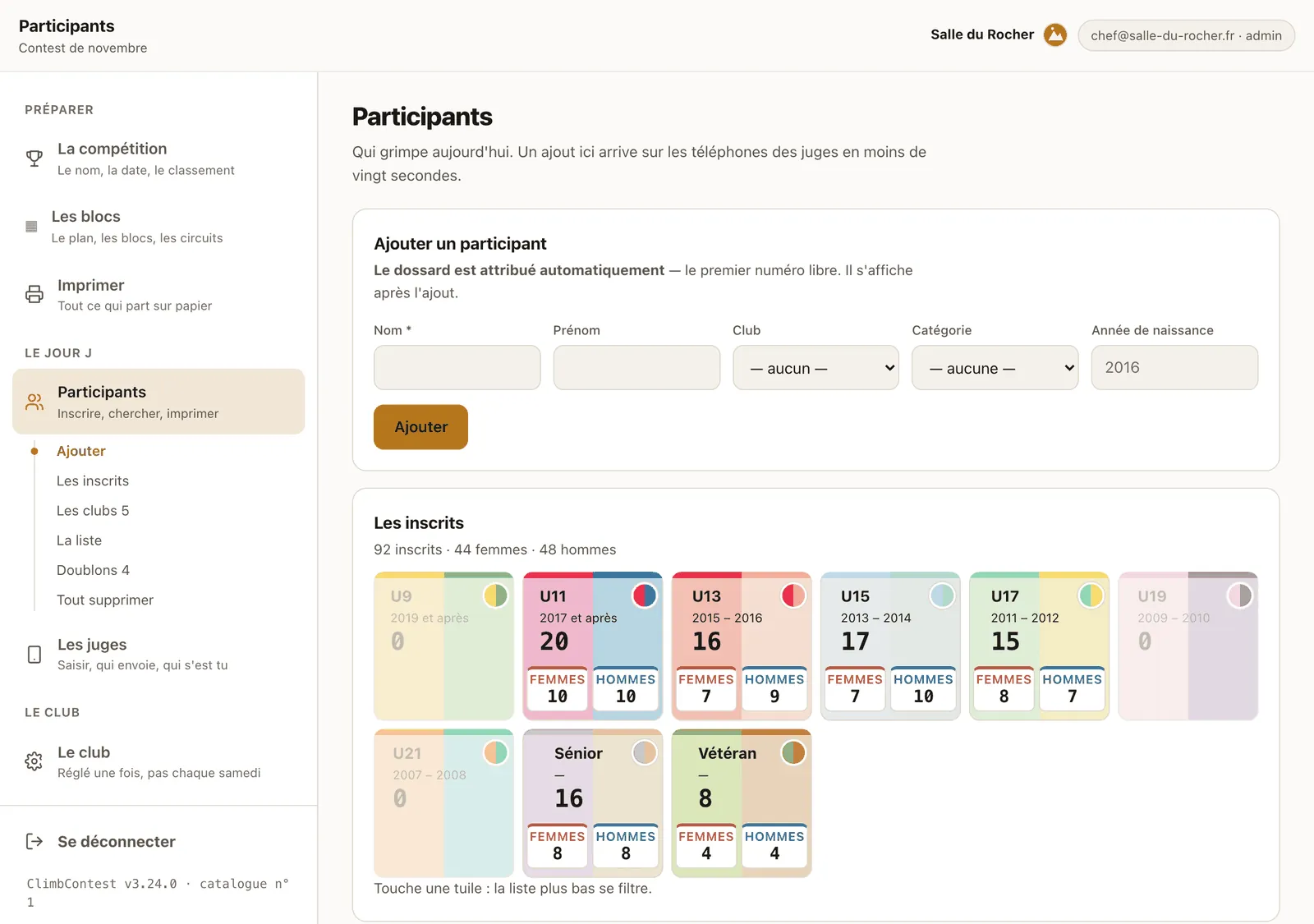 La console, écran « Participants » : le formulaire d'ajout, puis les 94 inscrits en tuiles par catégorie FFME, femmes et hommes comptés séparément