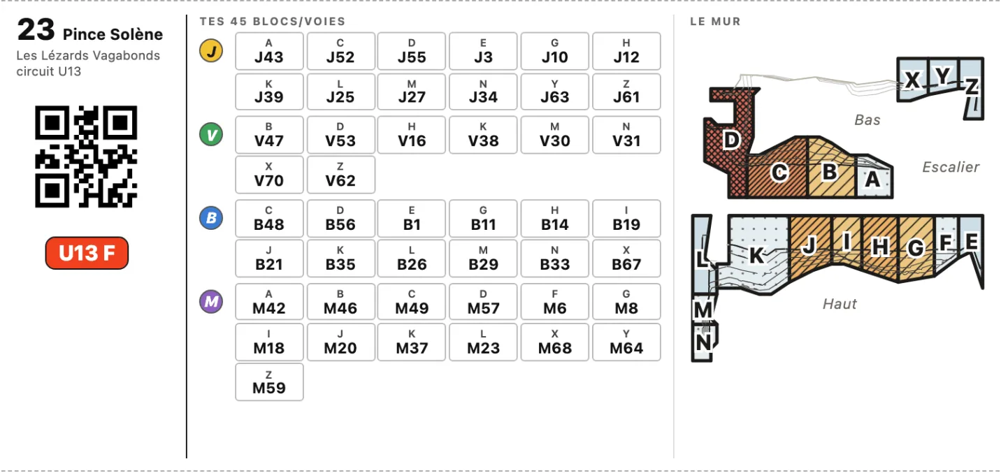 La fiche-dossard d'une grimpeuse : numéro 25, QR code, ses 45 blocs/voies classés par couleur, et le plan du mur d'Annonay, zones en trames et courbes de niveau