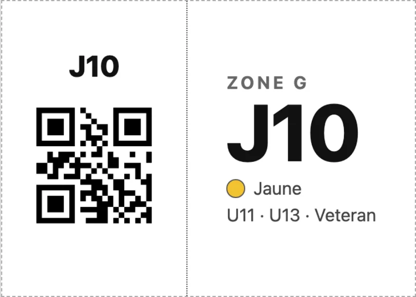 L'étiquette du bloc J1 : QR code, zone Z, pastille jaune, circuits U13 et U15