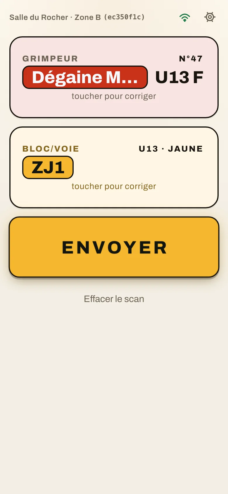 Écran de validation de l'application juge : grimpeur scanné, bloc ZJ1 scanné, bouton Envoyer